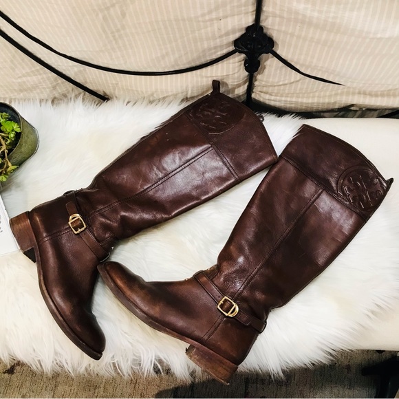 TORY BURCH TALL LOGO BROWN LEATHER RIDING EQUESTRIAN BOOTS sz 8M, AMAZING! - Picture 10 of 16